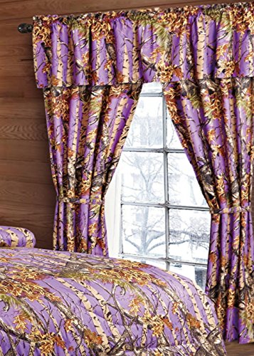 20 Lakes Woodland Hunter Camo Valance, Panels, & Tie Backs Curtain Drape Set Five Pieces (Purple)