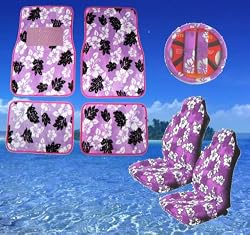 - 	 9pc Purple Hawaiian Print Car Mats Seat Steering Wheel Cover Set