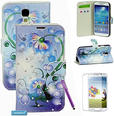 Caseland Beautiful Grid Star Crytal Blue Sparkling Pattern Wallet Leather Folio Case For Samsung Galaxy S4 I9500 With 1 Protector Screen + 1 Stylus