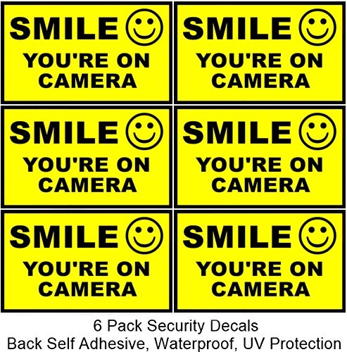 Weatherproof Outdoor/Indoor (6 Pack) 3.54″ wide X 2.24″ high Home Business SMILE YOU’RE ON CAMERA Yellow Window Door Warning Security Alert Sign Sticker Decals **Back Self Adhesive, UV Protected and waterproof **