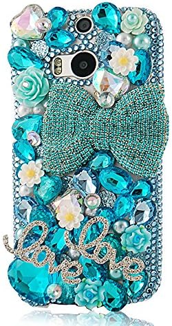 Mavis's Diary Luxury 3D Handmade Full Bling Crystal & Rhinestone Flowers Bow Design Hard Cover Case with Soft Clean Cloth for HTC One M8 2014 (Blue-1)