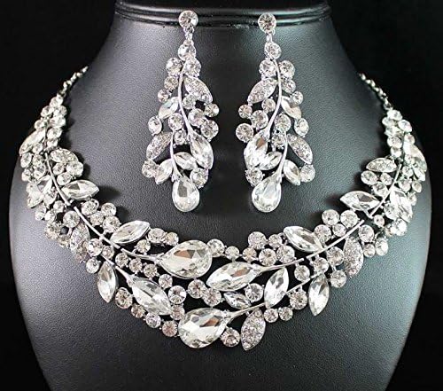Janefashions Weeping Willow Austrian Rhinestone Crystal Necklace Earrings Set N1781-silver