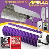 New Purple Apollo brand 600w Watt Digital Dimmable Ballast Hydroponic Grow Light System with Gull Wing Reflector and Metal Halide(MH) and High Pressure Sodium(HPS) Light Bulbs, Cord + Yoyo Hanger