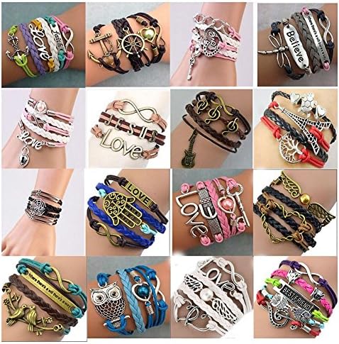 Juanerjie 16 pcs Handmade Braided Multi Layers Vintage Woven Rope Wrap Doble Love/Music symbol /Life Tree/ Angel Wings/ animal /key lock/ Eiffel Tower/ boat anchor /lucky number Bangle Bracelets