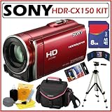 Sony HDR-CX150 16GB Flash Memory High Definition Handycam® Camcorder with 3MP Still Image Capture and 25x Optical Zoom featuring a 2.7-inch Widescreen LCD in Red + 8GB Accessory Kit