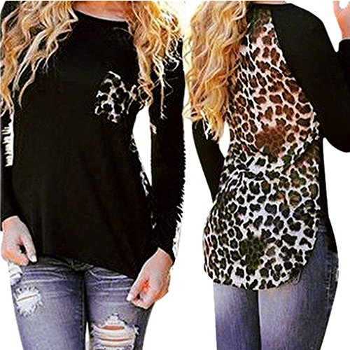 hqclothingbox Fashion Women's Sexy Crewneck Leopard Long Sleeve T-shirts Tops
