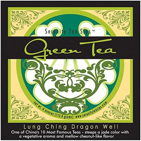 Serenity Tea Sips Lung Ching Dragon Well - 4 oz. loose leaf green tea with a vegetative aroma and chestnut notes