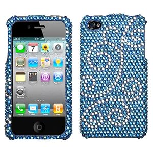 APPLE AT&T IPHONE 4 4G 16GB and 32GB HARD PLASTIC CRYSTAL DIAMOND SPARKLE RHINESTONE BLING DESIGN BABY BLUE AND SILVER WHITE FLORAL SWIRLS SNAP ON CASE COVER