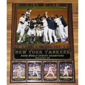 2009 WORLD CHAMPION NEW YORK YANKEES TEAM CELEBRATION PHOTO DARK WALNUT WOOD COLLECTOR PLAQUE