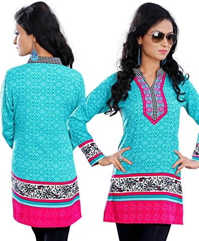 Gorgeous Trendy Cyan Kurti Top With Vibrant Multi Color Designs 4XL(50)