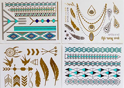 *Premium* Temporary Tattoo *Turquoise-silver-gold* Fashion Body Jewelry - Feathers - Necklace - Dreamcatcher - Bird - Tribal