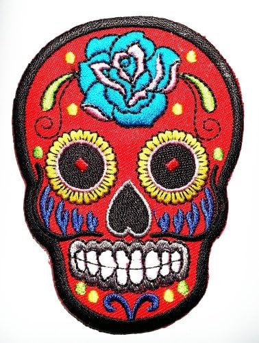 Tribal Tattoo Rockabilly Biker Sugar Day of Dead Skull (Red) Logo Shirt Jacket Patch Sew Iron on Embroidered / Size 6.5x9 Cm