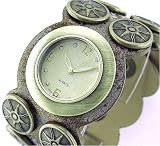 New Round Stub Cuff Biker Leather Ladies Watch Bronze