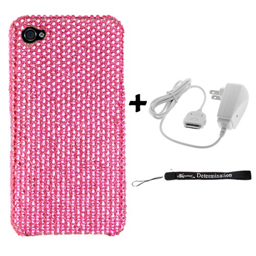 IPHONE 4 / HD FULL DIAMOND CASE PINK-REAR ONLY for Apple iPhone 4 / 4th Generation compatible with 16GB / 32GB + 4-inch eBigValue (TM) Determination Hand Strap Key Chain + Includes a Travel Home Wall Charger for iPhone 4