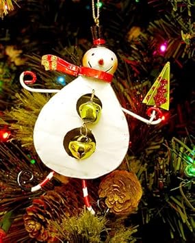 #!Cheap Whimsical Jingle Bell Snowman with Green Tree Christmas Ornament