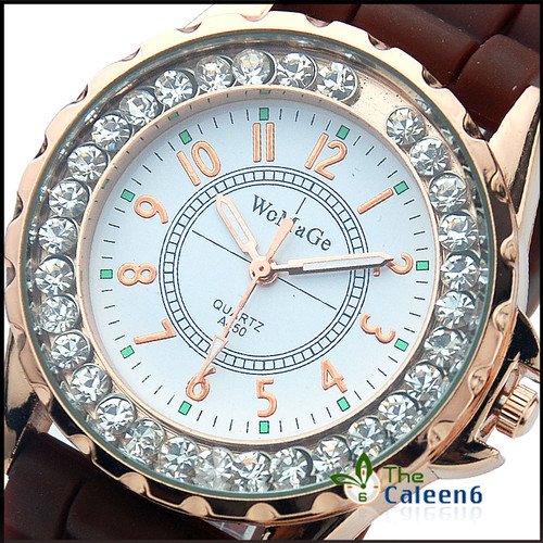 New Silicone Crystal Sport Men Woman Wrist Watch Boy Gold Case Brown