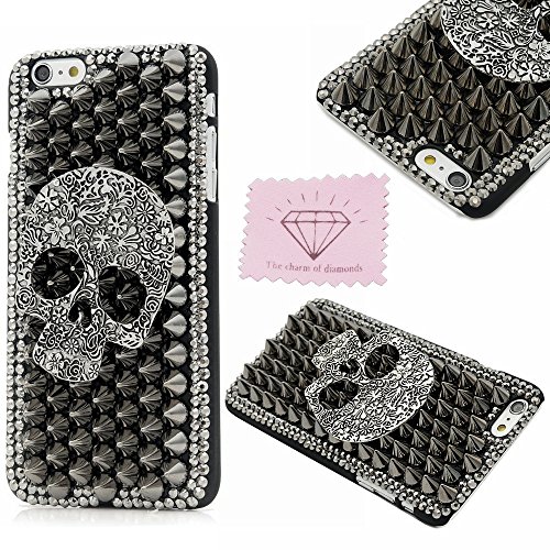 iPhone 6 Skull Case, Charm Of Diamonds Unique Handmade 3D Cool Skull Black Case For Apple iPhone 6 4.7'' Bling Rhinestone Crystal Cover Phone Back Hard Protective Skin +Clean Cloth