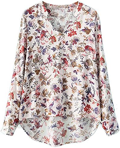 JiTM Womens Long Sleeve Blossom Asymmetrical V Collar Shirt White L