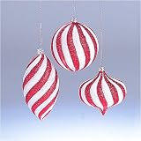 Set Of 3 Red & White Glitter Striped Christmas Ornaments