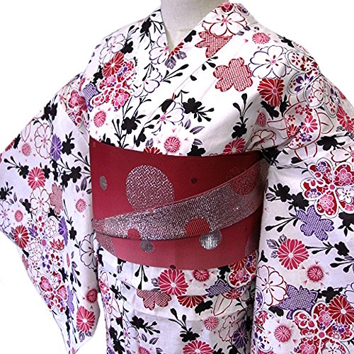 着物美人 浴衣 ゆかた 女性用 綿麻 変り織り 赤半幅帯 浴衣帯 下駄 3点セット 【 白 花古典 】a448250-2