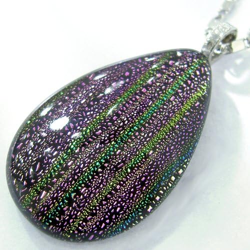 Pink and Yellow Lines Teardrop Dichroic Fused Glass Pendant with 18" Necklace G0849