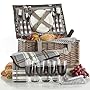VonShef Deluxe 4 Person Traditional Wicker Picnic Basket Hamper with Cutlery, Plates, Glasses, Tableware & Fleece Blanket - Grey Gingham