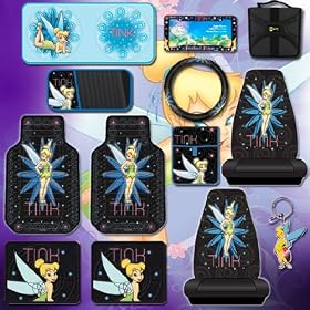 13 pcs Tinkerbell Tink Pixie Power Combo Set, Front & Rear Floor Mats, Seat Covers, Steering Wheel Cover,License Plate Frame, Litter Bag, Key Chain, CD Visor & Large Sunshade Plus Bonus 24 Discs Capacity CD Wallet