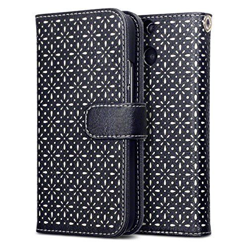 HTC One M8 Case, Terrapin [Black] [Etched Floral Pattern] Textured PU Leather Wallet Case with Card Slots ID Window Cash Compartment and Detachable Wrist Strap Case for HTC One M8 - Black