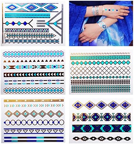 Flash Tattoos - Peaceful Princess - Metallic Temporary Tattoos - 5 Premium Sheets of Gold and Turquoise Zip Flash Tattoo for Women &amp; Girls - Waterproof