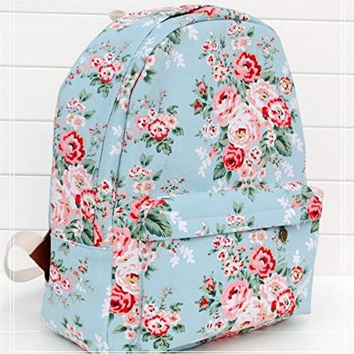 Floral Print Blue Sweet Rose Canvas School Bag Backpack