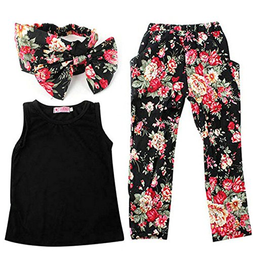 Leiwo Girls Sets 3PCS Sleeveless Shirt Tops + Floral Pants + Headband Clothes