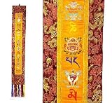 Tibetan Thangka Wall Hanging ~ Om Mani Padme Hum ~ 8 Auspicious Symbols ~ Plum, 4 Feet Long