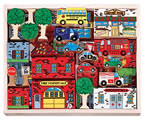 Melissa & Doug Deluxe Wooden 53-Piece Town Blocks Set
