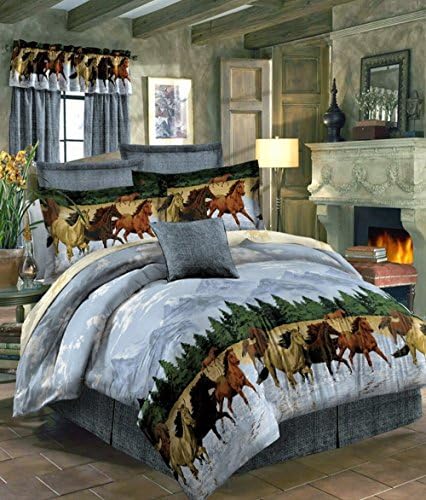 8pc Queen Size Western Horses Comforter and Sheet Set (Bed in a Bag)