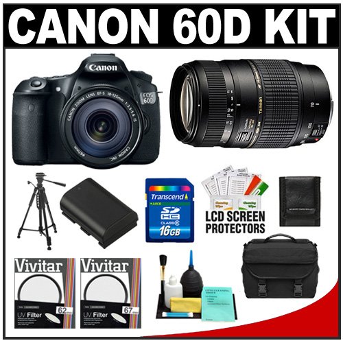 Canon EOS 60D Digital SLR Camera Body with EF-S 18-135mm IS Lens & Tamron 70-300mm Di Lens + 16GB Card + Battery + Case + Tripod + Accessory Kit
