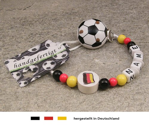 Baby SCHNULLERKETTE mit NAMEN | Motiv Fussball Deutschland Flagge – schwarz, rot, gold