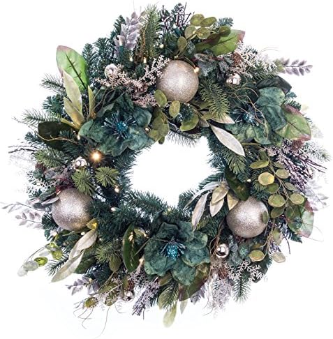 Shimmery Green &amp; Pewter 30" Pre-Lit LED Decorated Wreath