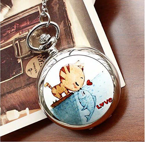 Hot Selling Concise Silver Round Cat Love Fish Big Mirror Watch Fashion & Leisure Necklace Pocket Watch for Men Children Best Gift Pocket Watches