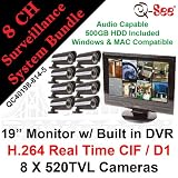 Q-SEE QC40198-814-5 8 CH Complete CCTV Bundle Package Kit: 19 LCD Monitor w/ Built in 8 Channels H.264 Real Time CIF / D1 Network Standalone Surveillance DVR, HDMI Output, 500GB HDD, 8 X 520TVL 1/3 36 IR Night Vision Indoor / Outdoor Weatherproof Security Bullet Cameras Windows & Mac Compatible