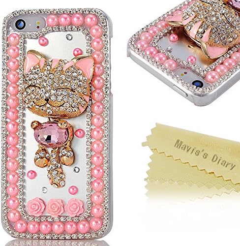 4s Case,iphone 4 Case- Mavis's Diary 3D Handmade Bling Crystal Golden Smile Lovely Cat Sparkle Rhinestone Diamond Hard Cover for Iphone 4&4s with Soft Clean Cloth (Pink Pearl Clear Case)