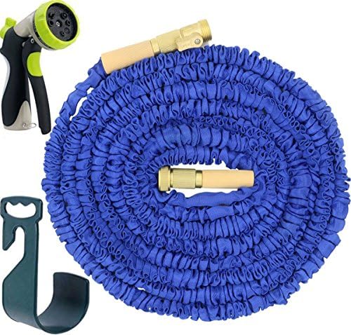 FTLIFE Flexible Lightweight Expandable Garden Hose 50 Feet Double Layer Latex Core Brass Fitting Lead Free,Spray Nozzle Hose Hanger Gardening Gloves Included,Blue