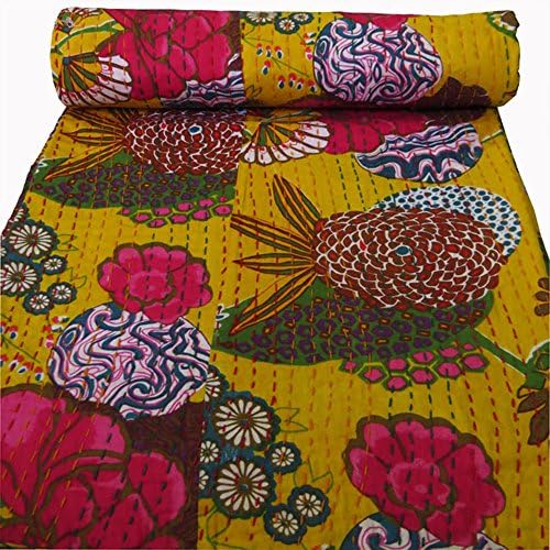 Handicraftshop Cotton Indian Kantha Quilted Bedspreads 90x108 IN Yellow