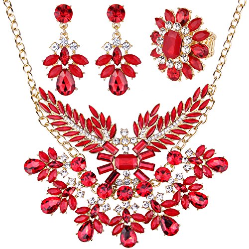 Zhenhui 3 Pieces Luxury Jewelry Sets Fashion Gold Tone Angel Wing Water Drop Shape Crystal Statement Necklace Drop Dangle Earrings Ring Set for Women