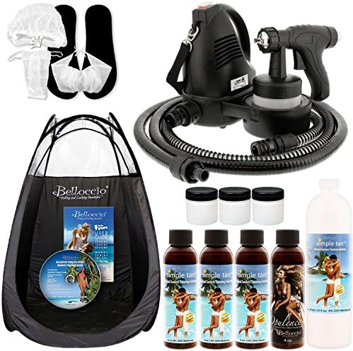 Complete Belloccio Premium Plus (Model T75-QC) Professional Sunless HVLP Turbine Spray Tanning System; Pint Simple Tan 8% DHA Solution, 4 Solution Variety Pack, Tent, Cups, Acc. & DVD