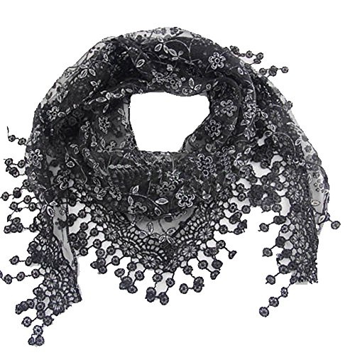 Fanhong Lace Tassel Sheer Burnt-out Floral Print Triangle Mantilla Scarf Shawl Neck Wrap Black