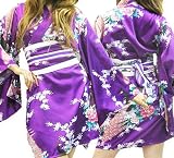 「花魁系サテン地着物ドレスワンピース肩出OK!紫M/pc43」の画像