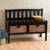 Black Bench with Brown Rattan Baskets