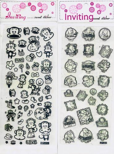 Nail Art Metallic Raised Stickers 4 Sheets-Doraemon, Winnie The Pooh, Julius, and Zoo Animals For Nail Art and Cell Phone