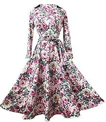 Floral Print Lace Vintage Cotton Bubble Dress Flared-Skirt Long Sleeves Tunic 