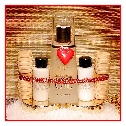 Sensual Massage Gift Set - Includes Warm & Sensual Massage Oil - 6.7 oz. One of the finest massage oils you'll ever use - remarkably suited for intimacy. Not sticky, oily or bad tasting. Perfect absorbency. No need to shower after use. Chosen by Cosmo as a Sexiest Gift Ever! Includes roller (style varies), body lotion & creme. Gift boxed.